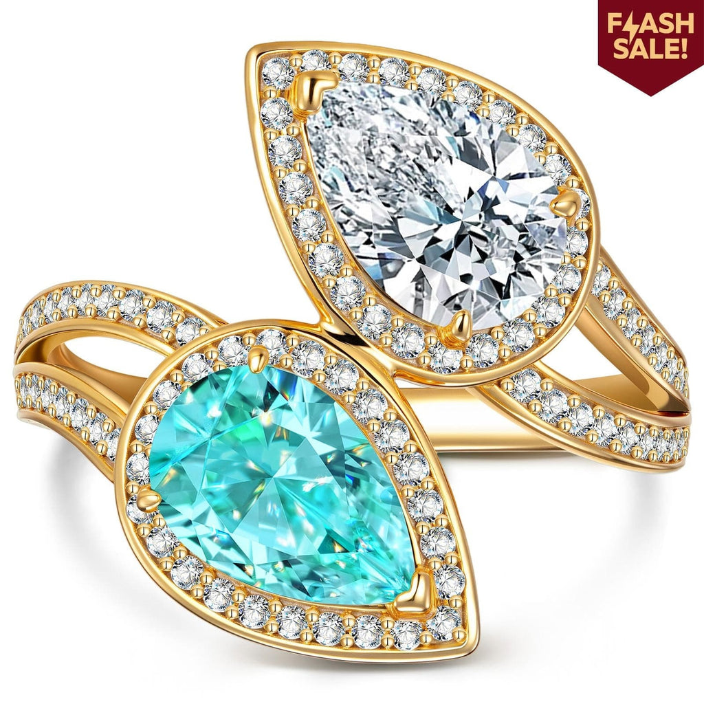 2.20ct Pear Brilliant Cut Lab-Certified Paraiba Tourmaline & Cubic Zirconia Two Stone Classic Engagement Ring – 14K Yellow Gold Plated