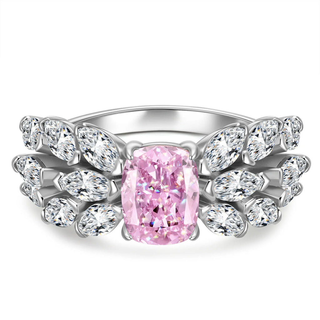 6×8mm Cushion Modified Brilliant Cut Fancy Vivid Pink Ice-Frosted Sparkle Lab Zircon Pavé Classic Engagement Ring – White Gold Plated