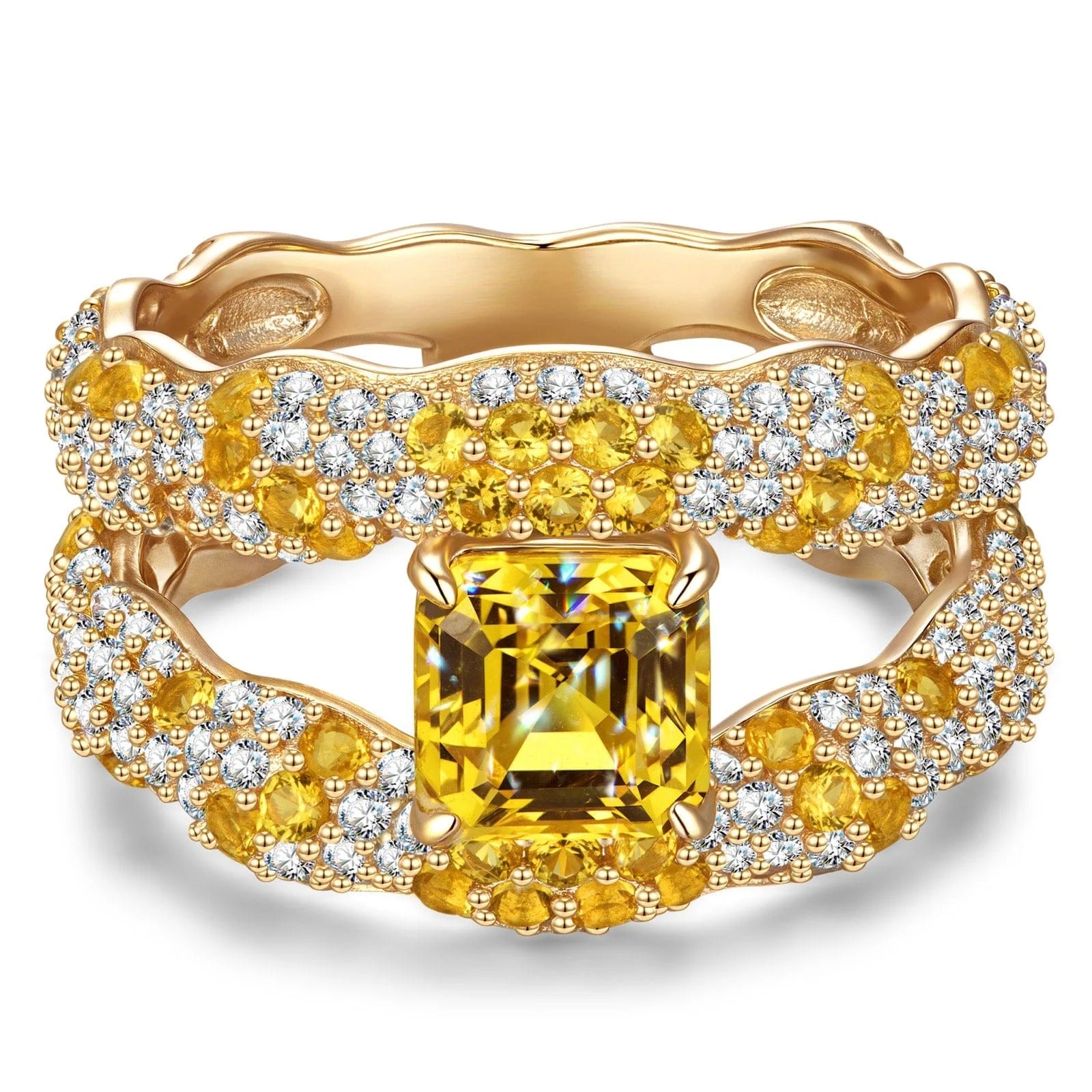 Solara Splendor Asscher Cut Vivid Yellow Lab-Certified Yellow Sapphire Pavé Classic Engagement Ring – 14K Yellow Gold Plated