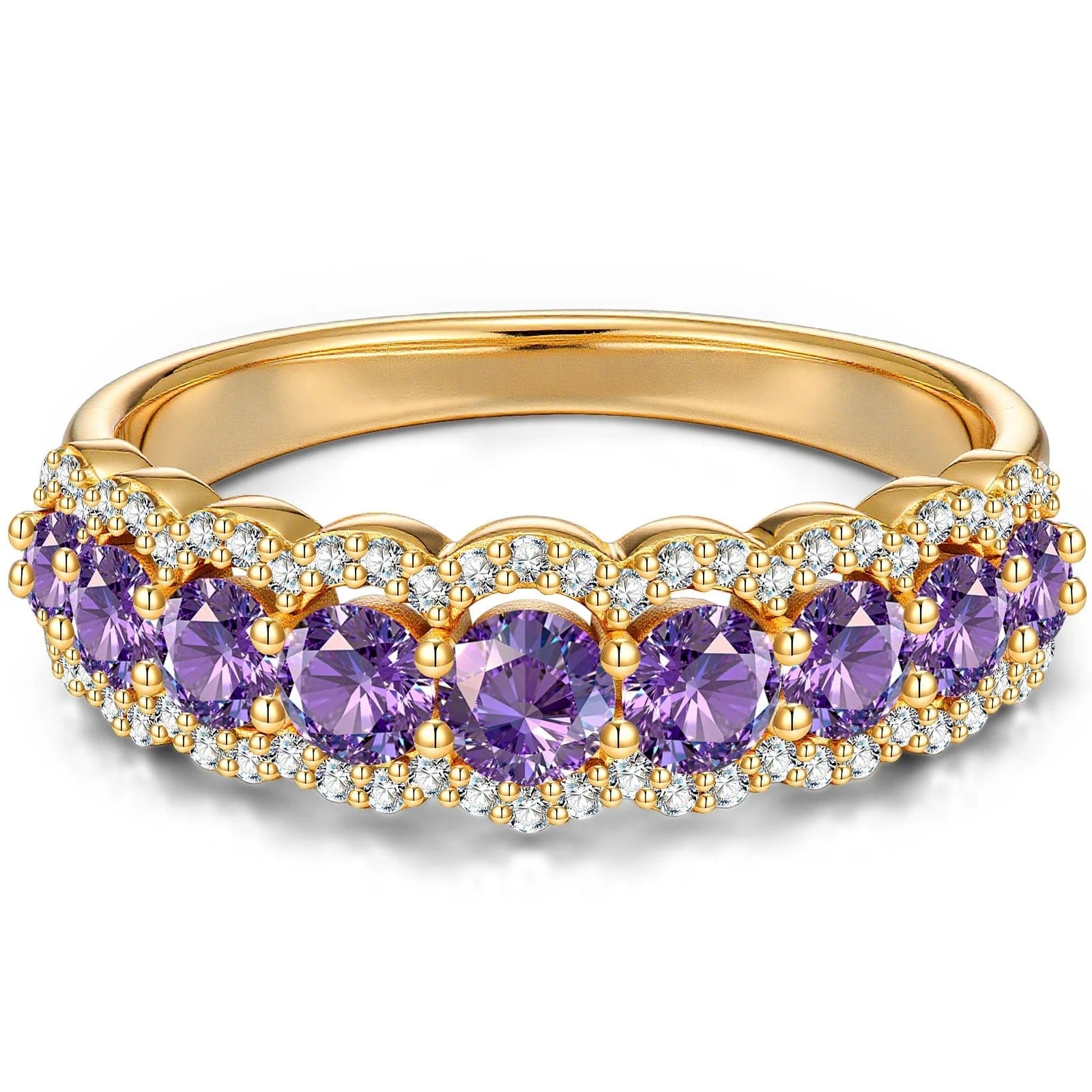 Round Brilliant Cut Vivid Violet Lab-Certified Purple Sapphire Half Eternity Ring – 14K Yellow Gold Plated