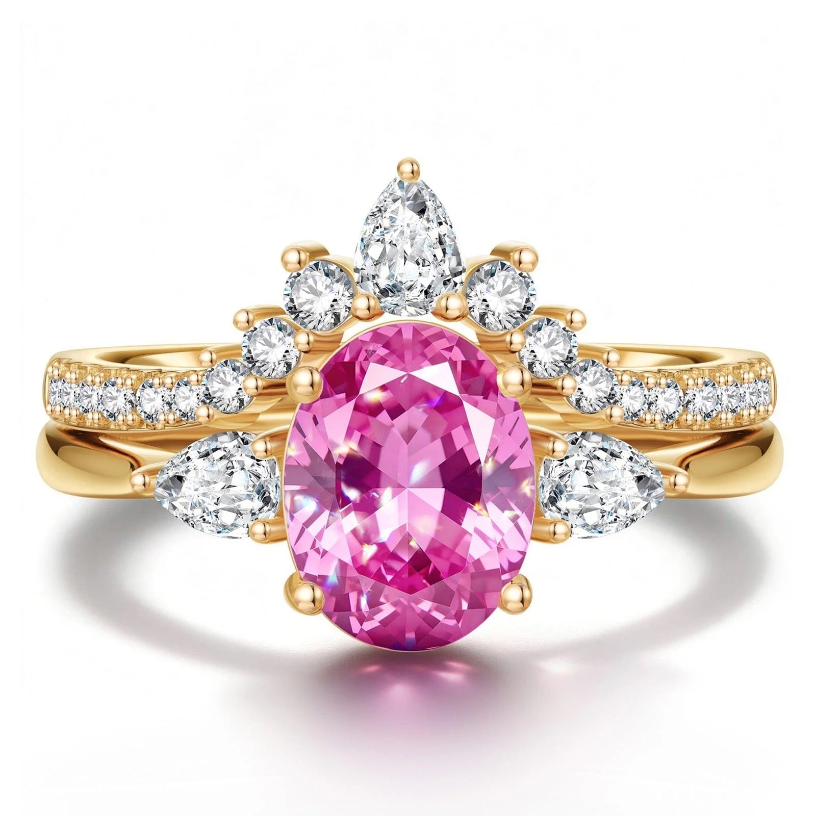 Oval Brilliant Cut Vivid Rose Lab-Certified Pink Sapphire Classic Stackable Ring Set – 14K Yellow Gold Plated