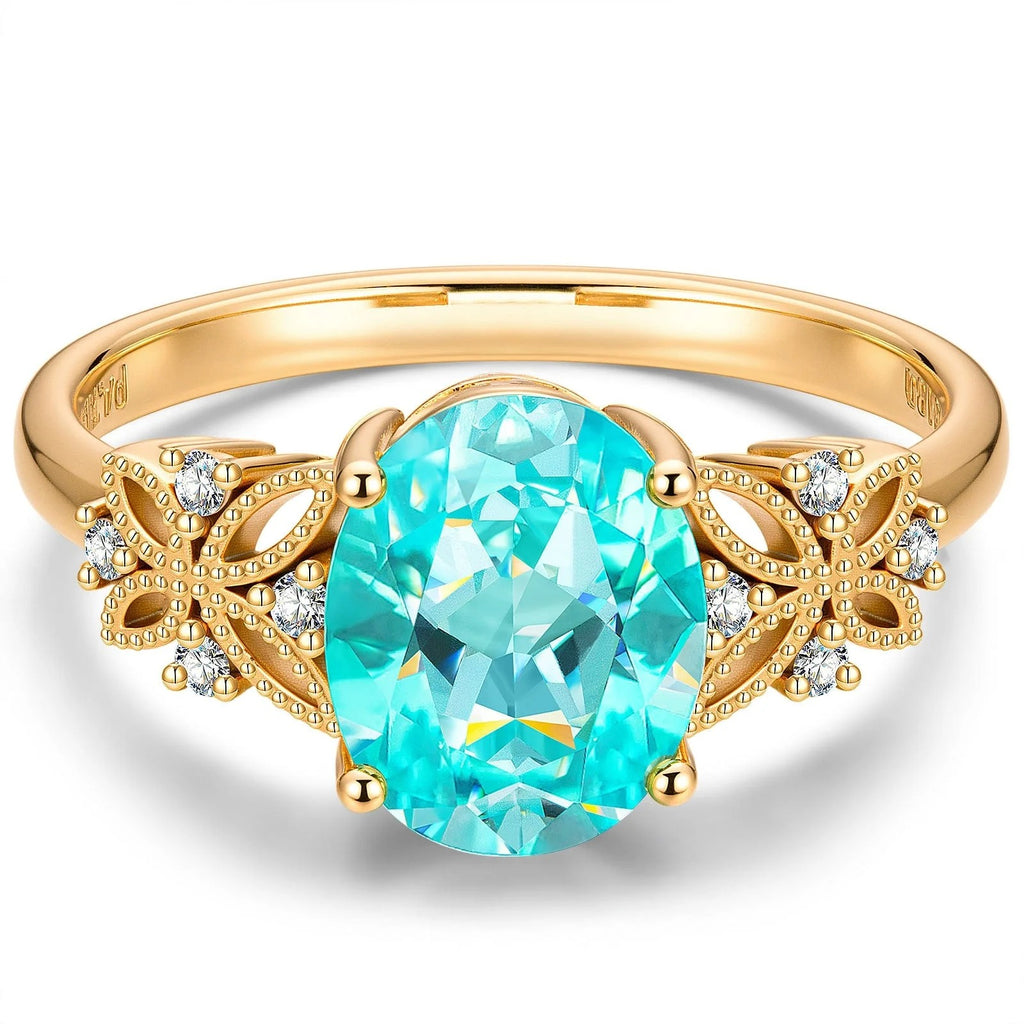 Oval Brilliant Cut Paraiba Tourmaline Pavé Engagement Ring – 14K Yellow Gold Plated