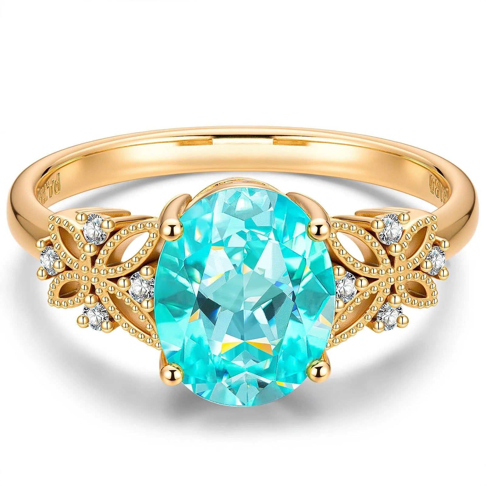 Oval Brilliant Cut Paraiba Tourmaline Pavé Engagement Ring – 14K Yellow Gold Plated
