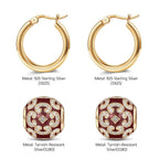 Sterling Silver Burgundy Versailles Ball Hoop Earrings With Enamel In 14K Gold Plated