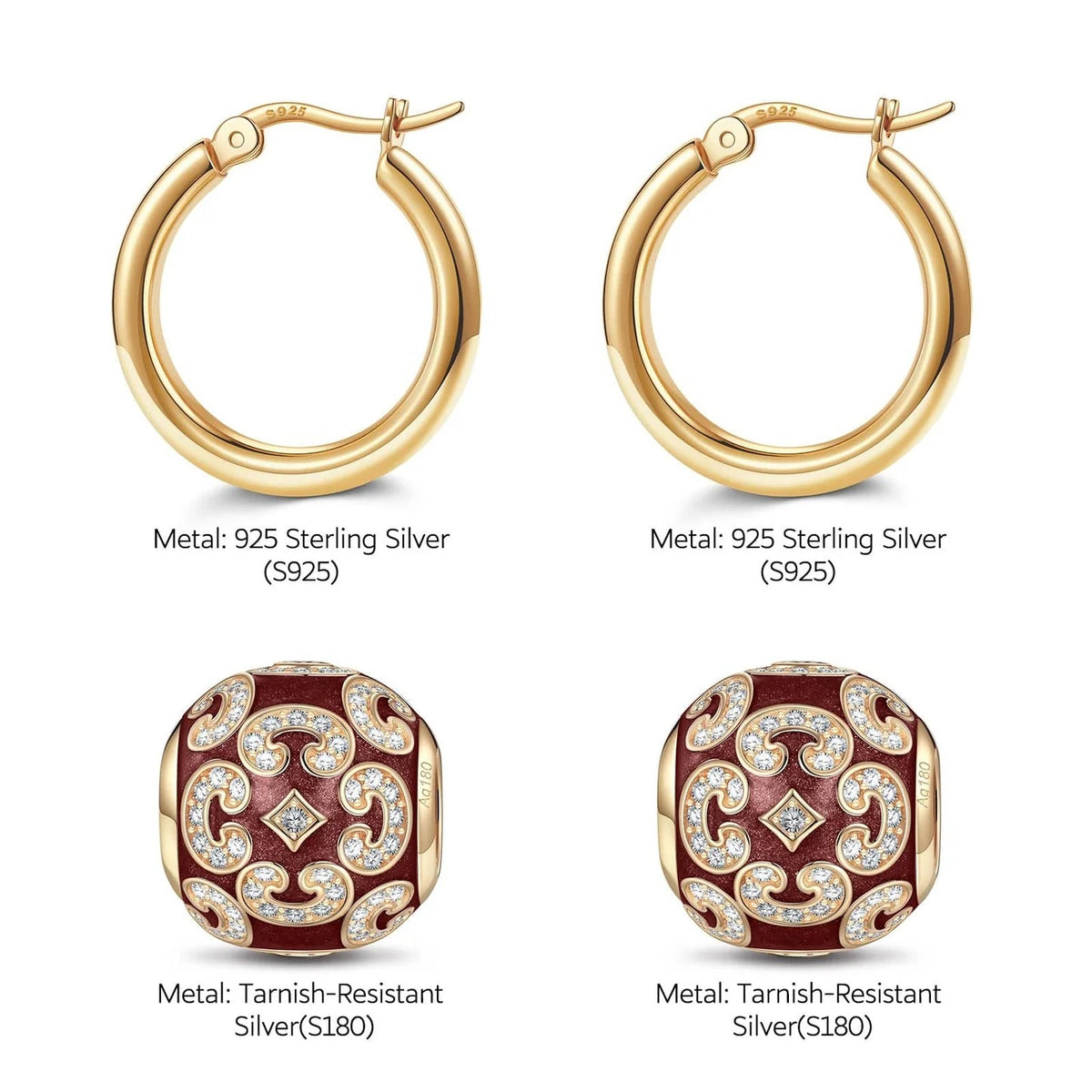 Sterling Silver Burgundy Versailles Ball Hoop Earrings With Enamel In 14K Gold Plated