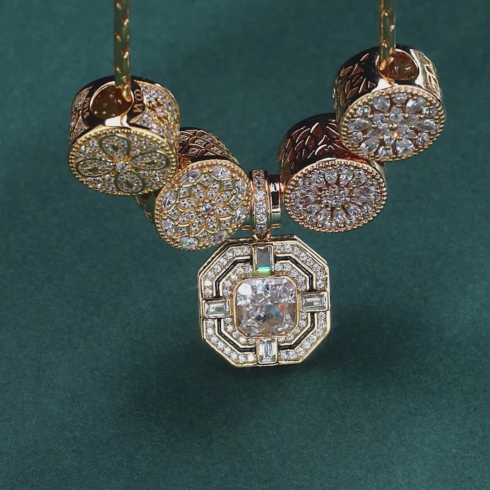 Sterling Silver Luminescent Elegance Charms Necklace Set – 14K Gold Plated