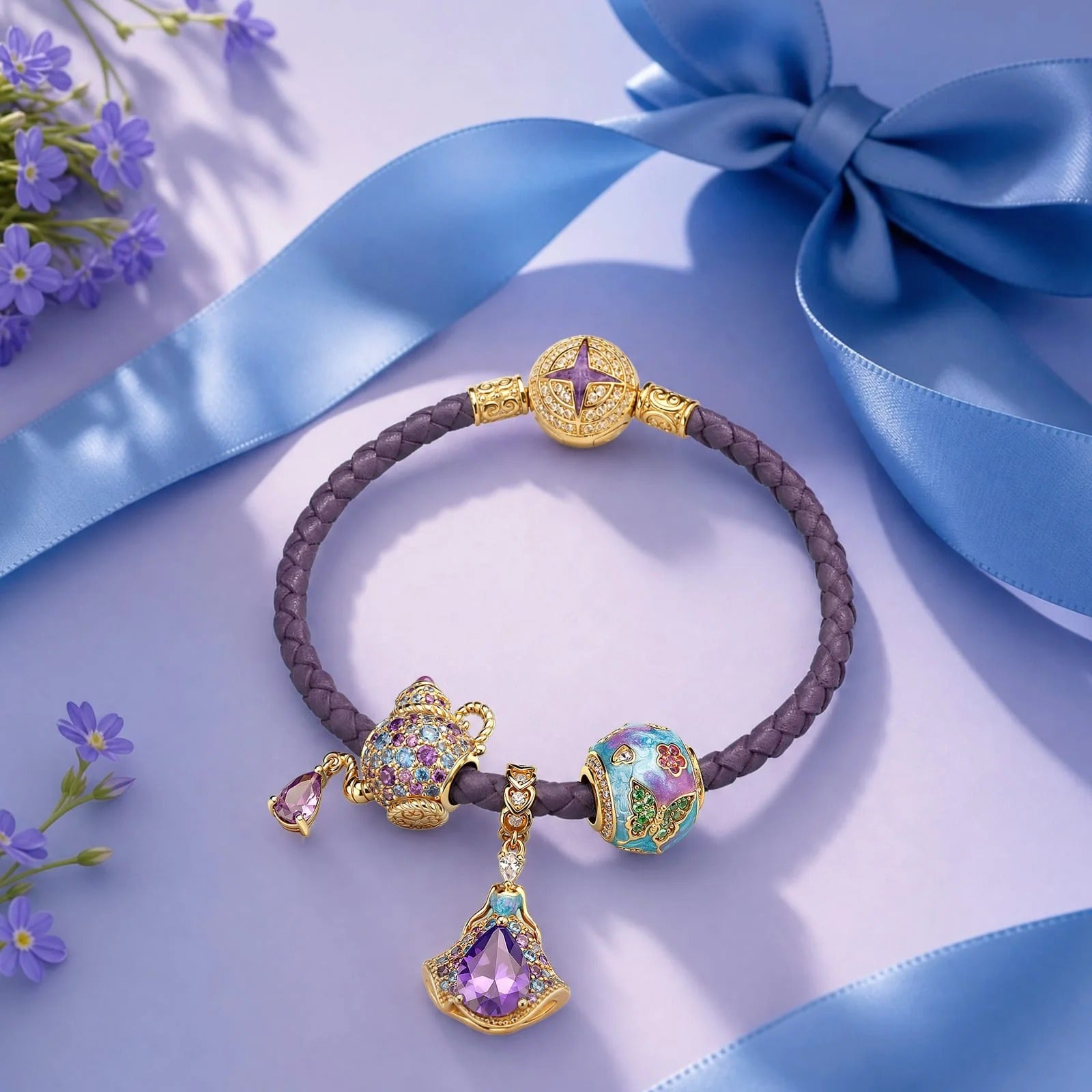 Purple Leather Wonderland Teapot Charm Bracelet Set