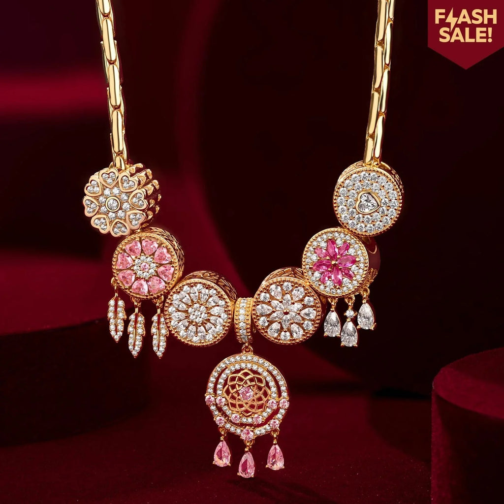 Sterling Silver Rosy Dreams Charms Necklace Set – 14K Gold Plated